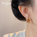 Champagne Amber Rectangle Crystal Stud Earrings Gold Frame view 2