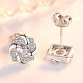 Silver Square Flower Petal Clear CZ Stud Earrings Pair view 3