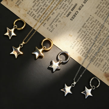 Puffed Star Pendant Necklaces and Hoop Earrings in Two Finishes