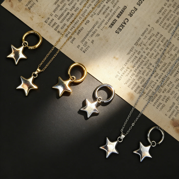 Puffed Star Pendant Necklaces and Hoop Earrings in Two Finishes