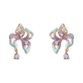 Gold Tone Pastel Enamel Iris Flower Clear Stone Stud Earrings view 5