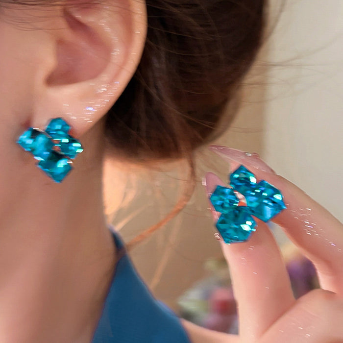 Blue Faceted Crystal Cluster Stud Earrings Fashion Jewelry
