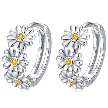 Silver Daisy Flower Huggie Hoop Earrings Yellow Centers