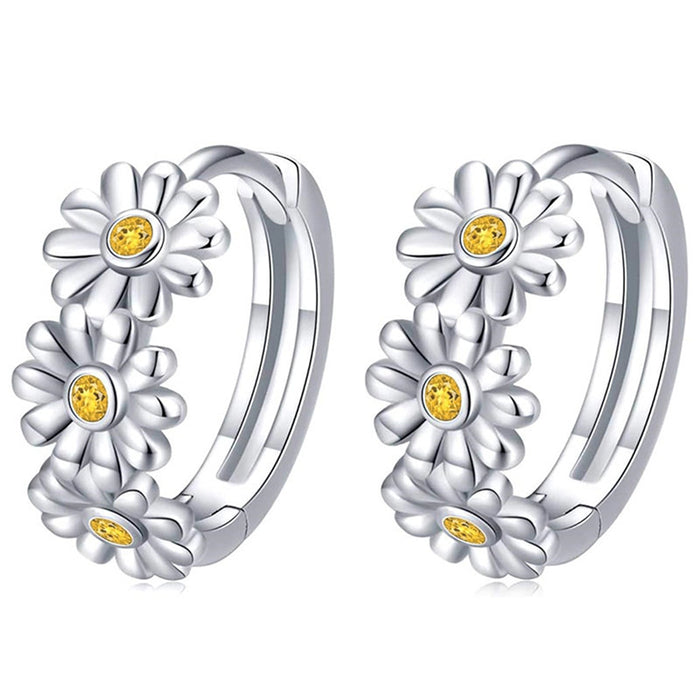 Silver Daisy Flower Huggie Hoop Earrings Yellow Centers