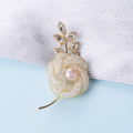 Gold Mesh Rose Brooch Pearl Center Crystal Leaf Stem view 1