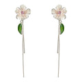 Silver Tone White Flower Pink Center Green Leaf Chain Stud Earrings view 5