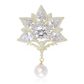 Gold Zircon Lotus Brooch Pearl Drop Court Style Copper Pin view 1