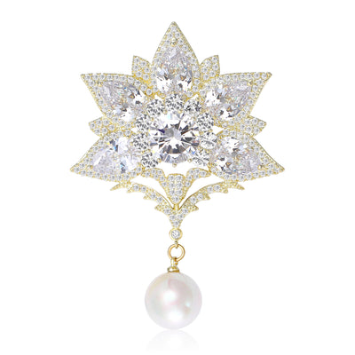 Gold zircon lotus brooch with dangling pearl drop front view