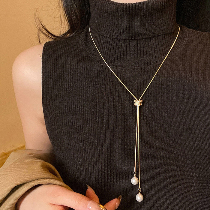 Y Shaped Pearl Drop Pendant Necklace in Two Tones Fashion Jewelry