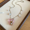 Resin Heart Flocked Bear Pearl Necklace and Hoop Earrings view 4