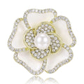 Enamel Camellia Flower Brooch Pearl Center Crystal Rim Two Colors view 1