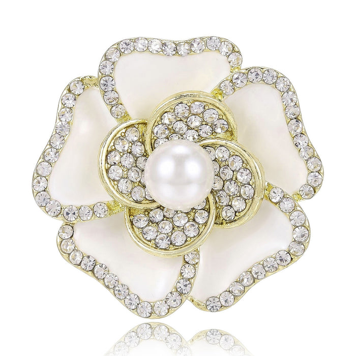 Enamel Camellia Flower Brooch Pearl Center Crystal Rim Two Colors