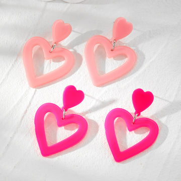 Pink Acrylic Double Heart Stud Drop Earrings in Two Colors