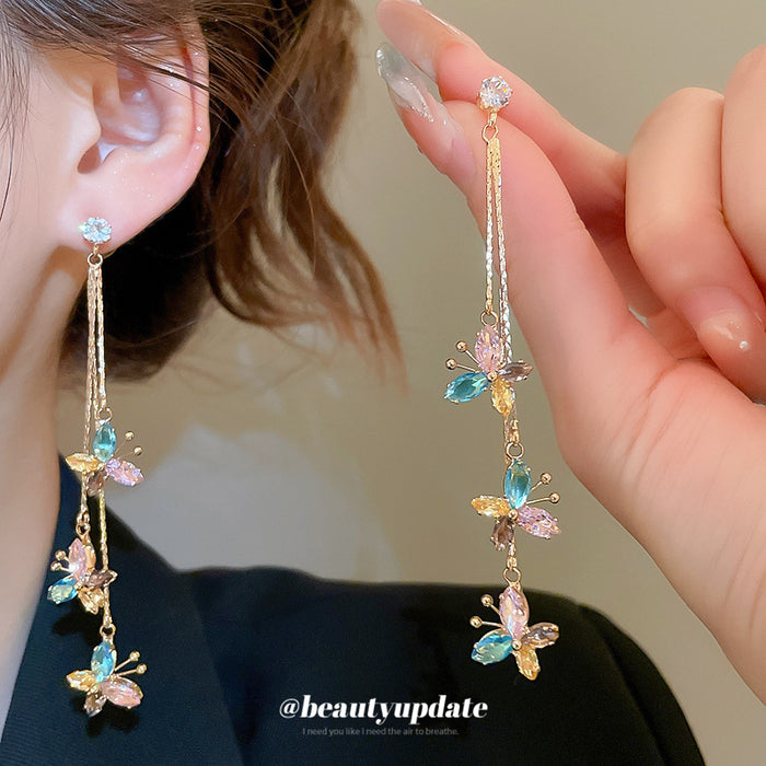 Gold Tone Colorful Crystal Butterfly Drop Earrings