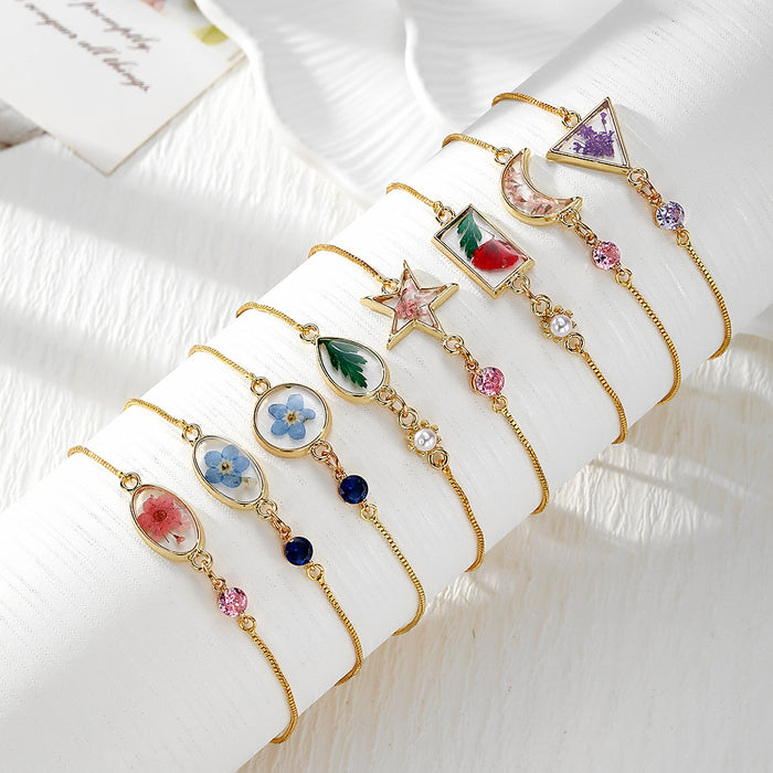 Gold Tone Pressed Flower Crystal Slider Bracelets in Fifteen Designs