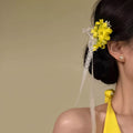 Blue or Yellow Floral Bow Hair Clip with Long Sheer Ribbon Tails view 7