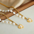 Asymmetric Pearl Gold Curb Chain Heart Pendant Necklace view 2