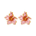 Pink Enamel Lily Flower Stud Earrings With Gold Trim view 5