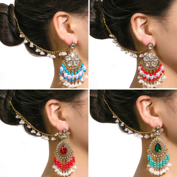 Eight Color Teardrop and Flower Upper Ear Chain Earrings