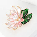 Pink Enamel Lotus Flower Brooch With Green Leaves Jacket and Scarf Accessory view 3