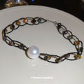 Black Heart Link Necklace With White Pearl Accent Beaded Jewelry view 4
