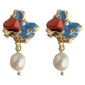 Gold Blue Enamel Flower Red Stone Freshwater Pearl Drop Earrings view 5