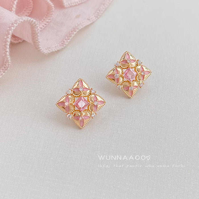 Gold Diamond Shape Pink CZ Floral Petal Stud Earrings
