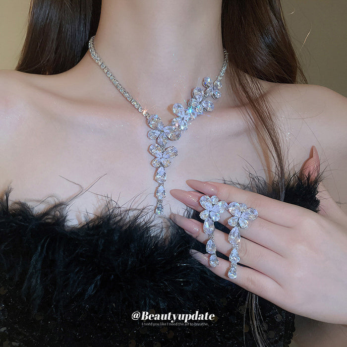 Clear Floral Crystal Drop Earrings And Y Necklace In Silver Tone