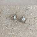 Silver Hollow Flower Stud Earrings Opalescent Oval Crystal view 4