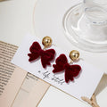 Burgundy Velvet Bow Gold Round Petite Stud Earrings view 1