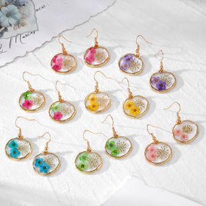 Irregular Gold-Tone Frame Resin Dried Flower Drop Earrings