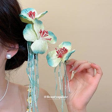 Fabric Hibiscus Hair Clip Set Beaded Tassels Green Cream