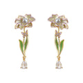 Gold Tone White Flower Green Stem Clear Teardrop Stud Earrings view 5