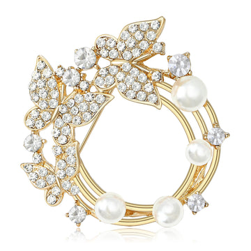 Rhinestone Butterfly Pearl Circle Wreath Brooch Gold Silver