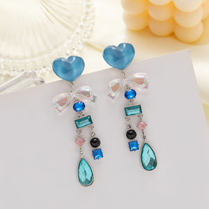 Blue Heart and Iridescent Bow Long Drop Earrings, Alloy, 6 cm