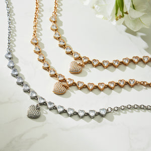 Heart Zircon Station Necklace Pave Heart Drop Gold Steel Chain