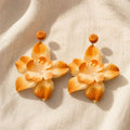 Golden Orange Layered Orchid Flower Drop Stud Earrings view 4