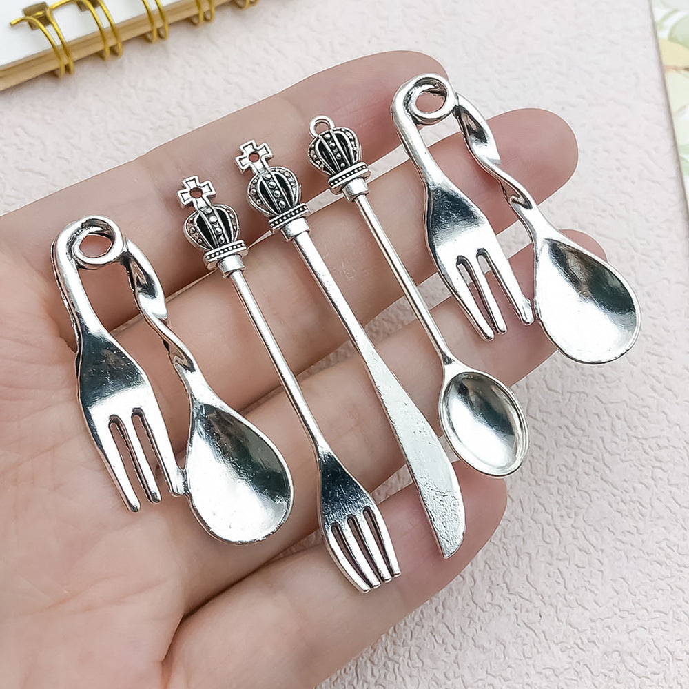 Antique Silver Zinc Alloy Spoon Fork Knife Tableware Charm Pendant for DIY Necklace Keychain