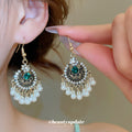 Blue Oval Beaded Fringe Hook Earrings with Polished Metal Details view 3