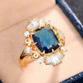 Gold Tone Deep Blue Rectangular Stone Ornate Statement Ring view 3