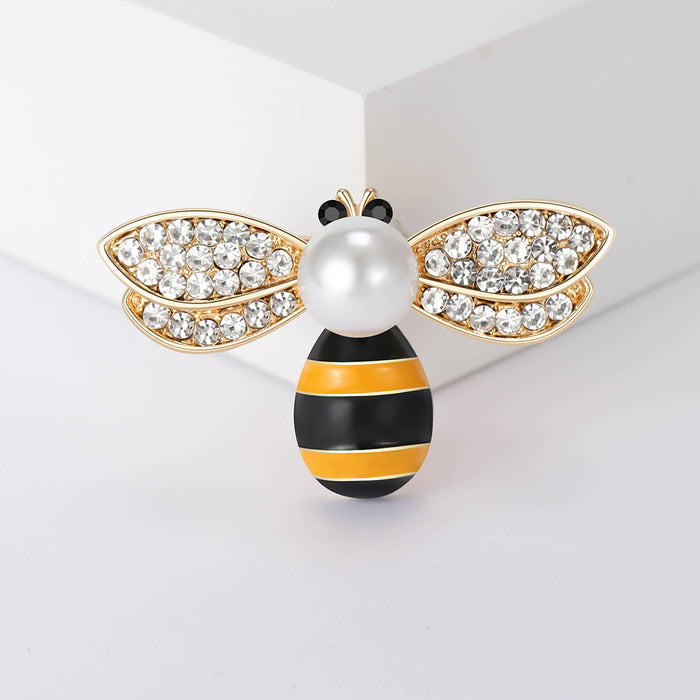 Crystal Wing Bee Brooch With Pearl Body and Striped Abdomen