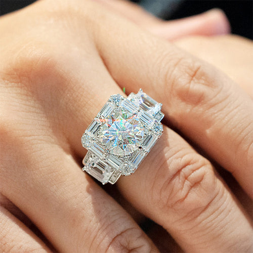 Second product view showing silver-tone round solitaire baguette-frame wide statement ring