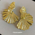 Gold Textured Folded Fan Statement Stud Earrings With Ridges view 2