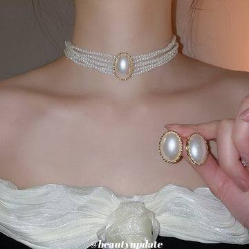 Multi Strand Pearl Choker Oval Pearl Gold Stud Earrings