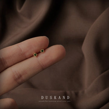 Tiny Green Square Stone Stud Earrings with Gold Tone Frames