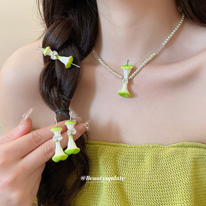 Green Apple Core Pearl Necklace Earrings Hair Clip 3 Styles