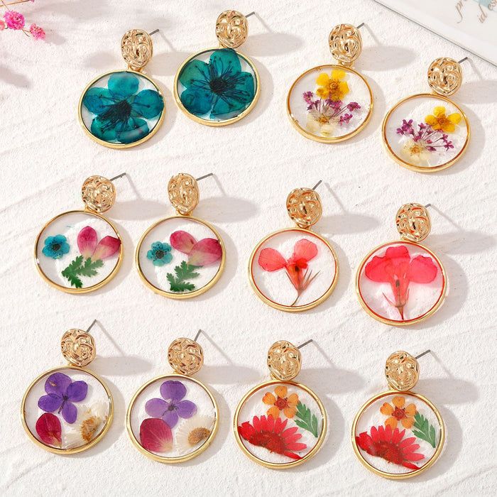 Gold Tone Round Pressed Flower Drop Stud Earrings in Six Designs
