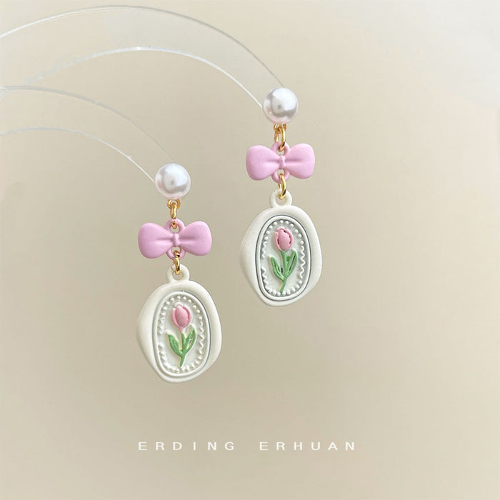 Pearl Pink Bow Tulip Charm Drop Earrings Cream Oval Plaque