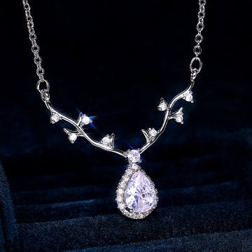 Silver Tone Antler Teardrop Pendant Necklace With Polished Clear Stone Detail