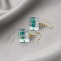 Clear Resin Cube Drop Earrings Green Dried Flower Gold view 4